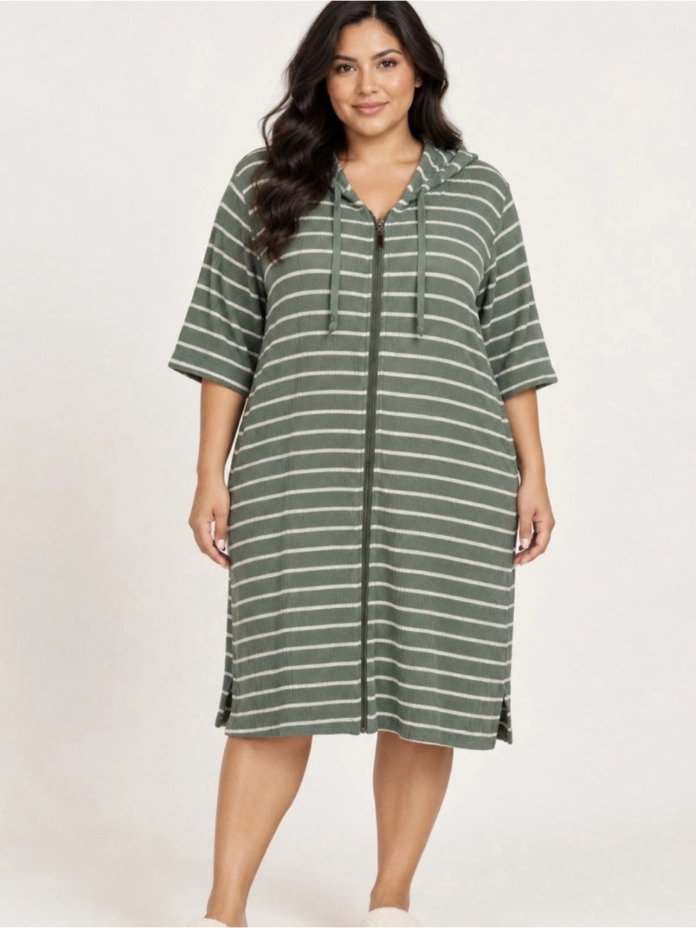 Stan Herman Striped Hooded Zip Lounger Olive Green, Size: L. A679657